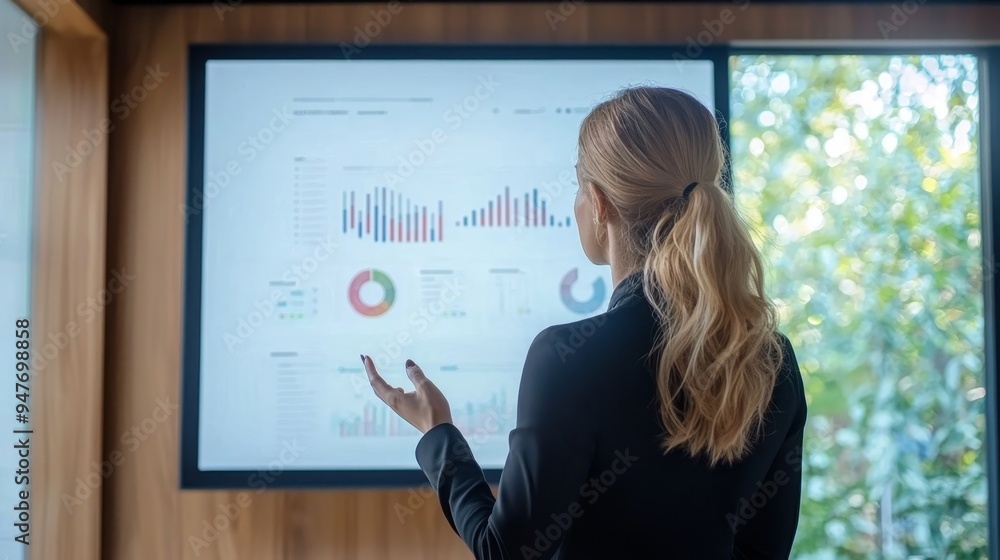 Professional woman explaining data on a large screen, boardroom meeting, clean and modern aesthetic, watercolor style