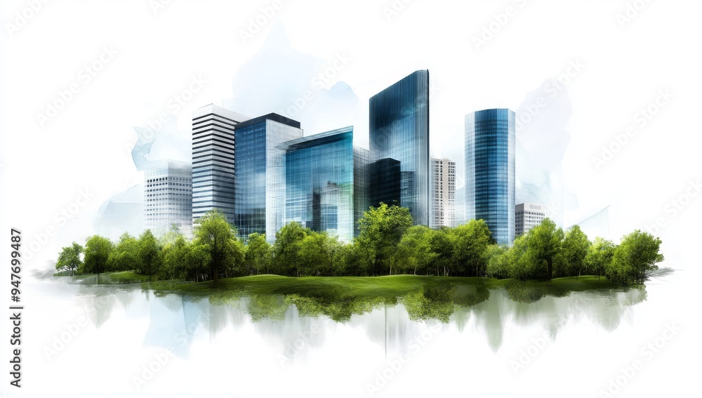 A sketch of green architecture, an urban park with buildings in the background A sketch of green architecture, an urban park with buildings in the background