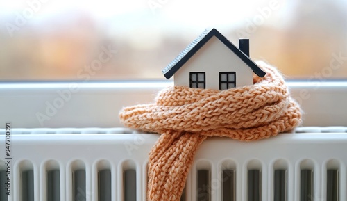 A small house wrapped in a scarf, sitting a top of white radiator