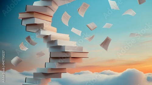 A spiral staircase made of books leading up into the clouds