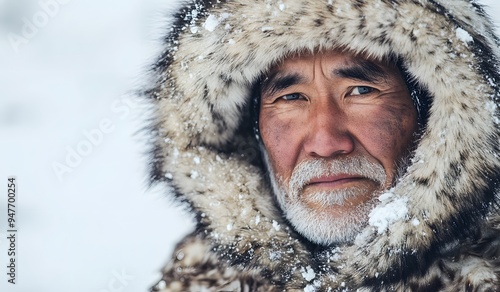 Portrait of an Inuit man in a fur coat, with a snowy landscape in the background