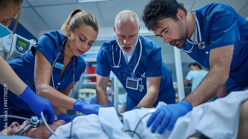 Medical team using defibrillator on patient