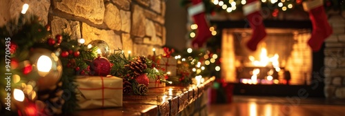 Cozy Christmas background with a roaring fireplace and decorated mantle