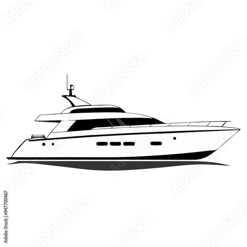 black line drawing of luxury yacht at sea, water vessel, boat, ocean travel vehicle