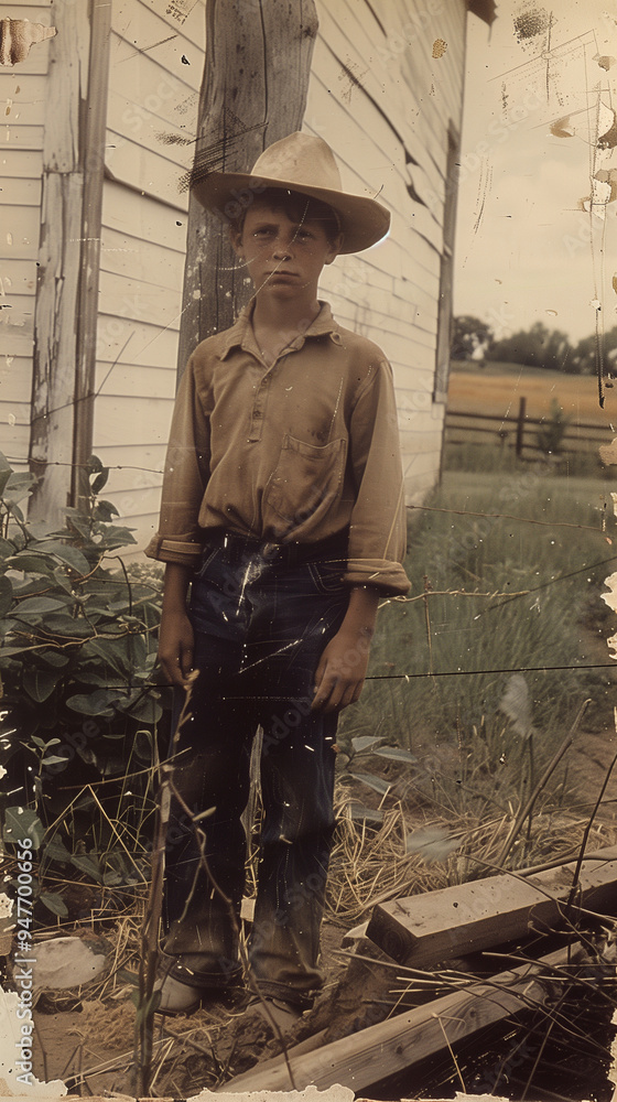 A young boy stands in front of a farmhouse, wearing a wide-brimmed hat, a dirty shirt, and worn jeans, suggesting a hard day's work on the farm. The photo, from 1984, is visibly old and scratched, A young boy stands in front of a farmhouse, wearing a wide-brimmed hat, a dirty shirt, and worn jeans, suggesting a hard day's work on the farm. The photo, from 1984, is visibly old and scratched,