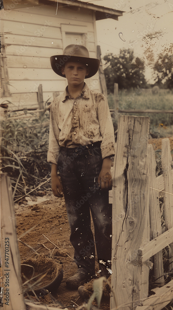 A young boy stands in front of a farmhouse, wearing a wide-brimmed hat, a dirty shirt, and worn jeans, suggesting a hard day's work on the farm. The photo, from 1984, is visibly old and scratched, A young boy stands in front of a farmhouse, wearing a wide-brimmed hat, a dirty shirt, and worn jeans, suggesting a hard day's work on the farm. The photo, from 1984, is visibly old and scratched,