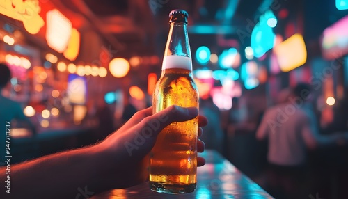 A hand holding a beer bottle in a bar with a blurred background of people and neon lights. photo