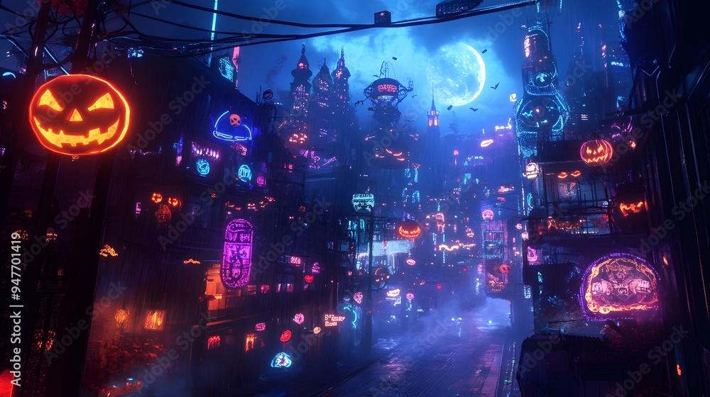 Cyberpunk city skyline illuminated with neon lights, streets adorned with Halloween decorations, and mist swirling around Cyberpunk city skyline illuminated with neon lights, streets adorned with Halloween decorations, and mist swirling around