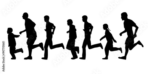 Silhouette of running people isolated on white background. Men, women and children running. Vector illustration.