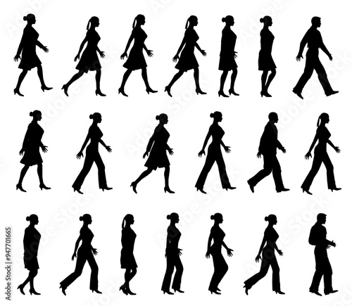 Set with silhouette of walking people isolated on white background. Men and women walking. Vector illustration.