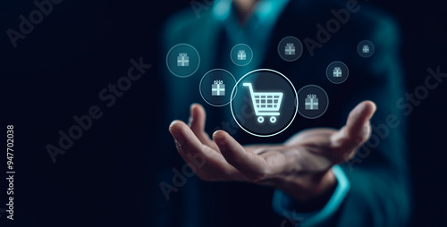 online shopping concept, marketplace website with virtual interface of online Shopping cart part of the network, Online shopping business with selecting shopping cart.