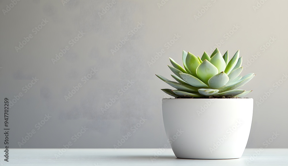 A small green succulent in a white pot on a table against a light gray background with copy space, close-up. A small green succulent in a white pot on a table against a light gray background with copy space, close-up.