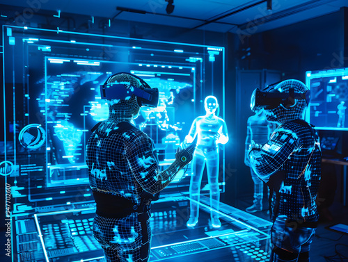 Virtual reality gaming competition hologram displays exciting gameplay, intense action, and cutting-edge technology advancements.