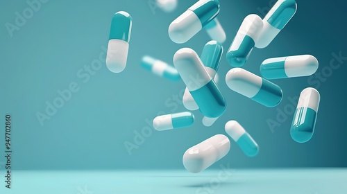 Teal and white pills cascading on blue backdrop, minimalist design concept for healthcare and pharmaceutical advertising.