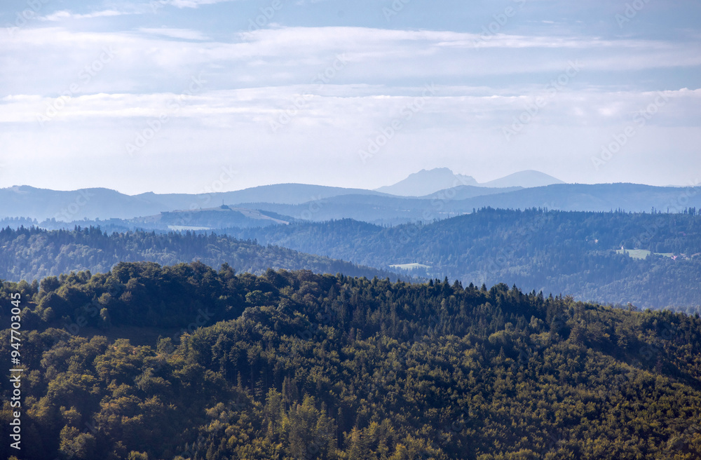 Fototapeta premium Mountainous mountain landscape on a hot summer day in late summer
