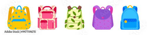 Set of bright school backpacks different shapes isolated on transparent background. 