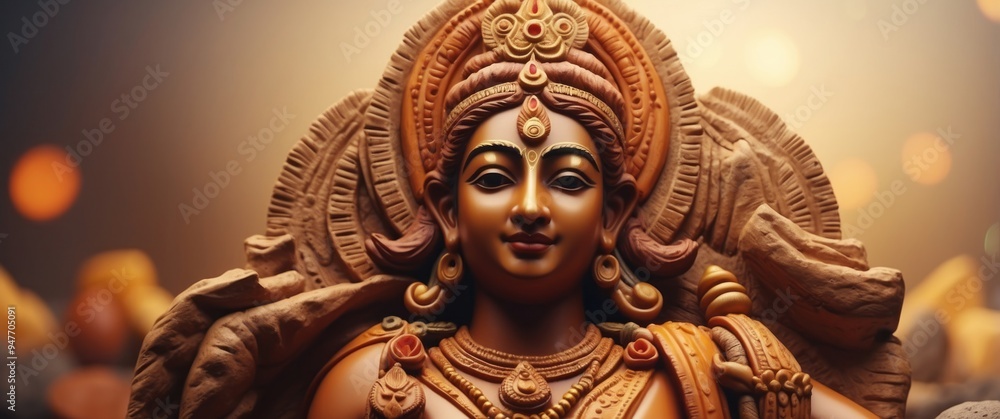 Obraz premium Close-up of a Hindu Deity Statue with a Golden Crown and Ornate Jewelry