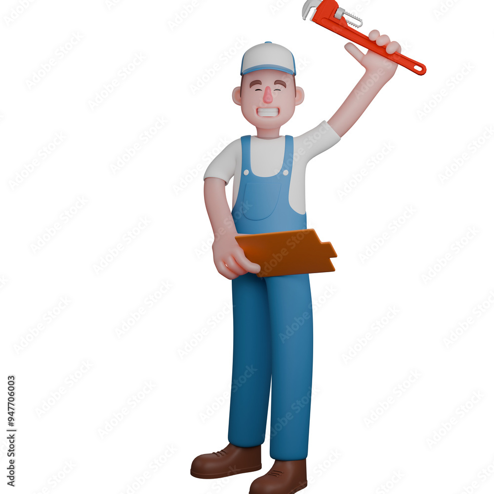 3D Professional Mechanic Character. A mechanic looks very enthusiastic, raising a wrench high with a big smile on his face. Male Technician 3D Professional Mechanic Character. A mechanic looks very enthusiastic, raising a wrench high with a big smile on his face. Male Technician