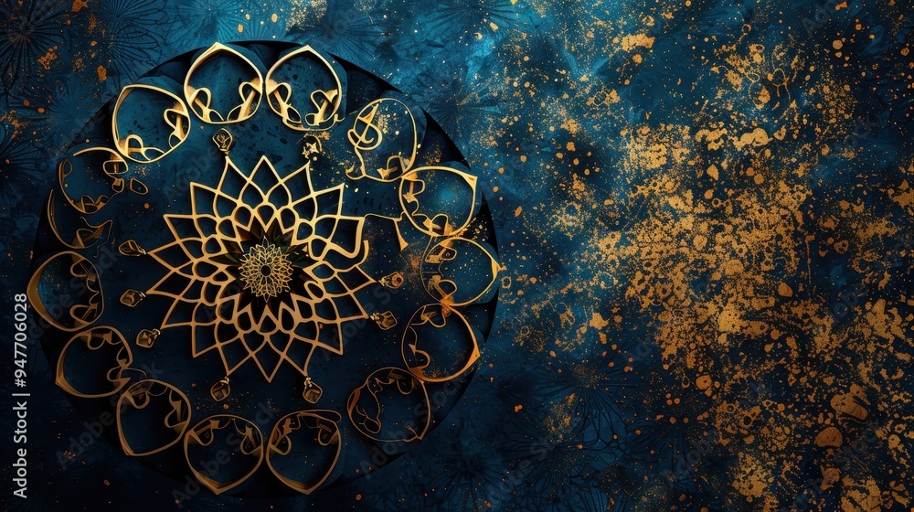 Golden Mandala on a Dark Blue Spattered Background Golden Mandala on a Dark Blue Spattered Background