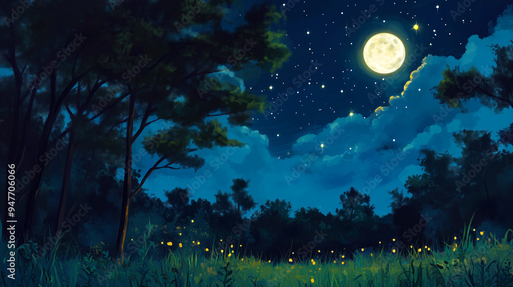 Bright full moon shining over a magical forest at night Bright full moon shining over a magical forest at night