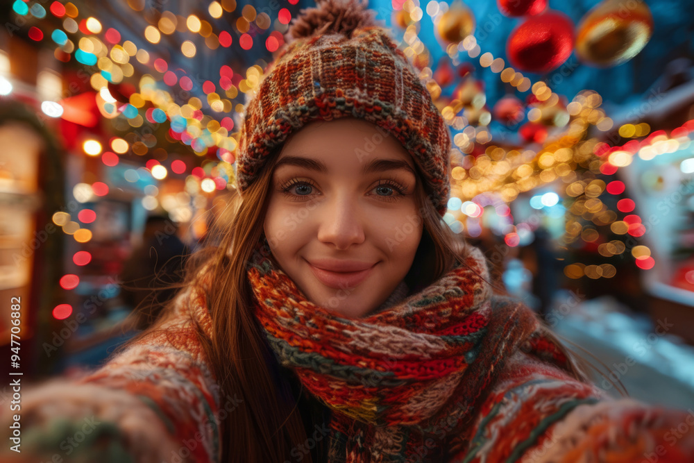 Young woman taking selfie at christmas market Young woman taking selfie at christmas market