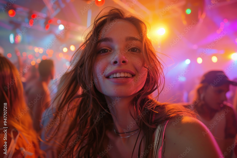 Young woman smiling and dancing in crowded nightclub Young woman smiling and dancing in crowded nightclub