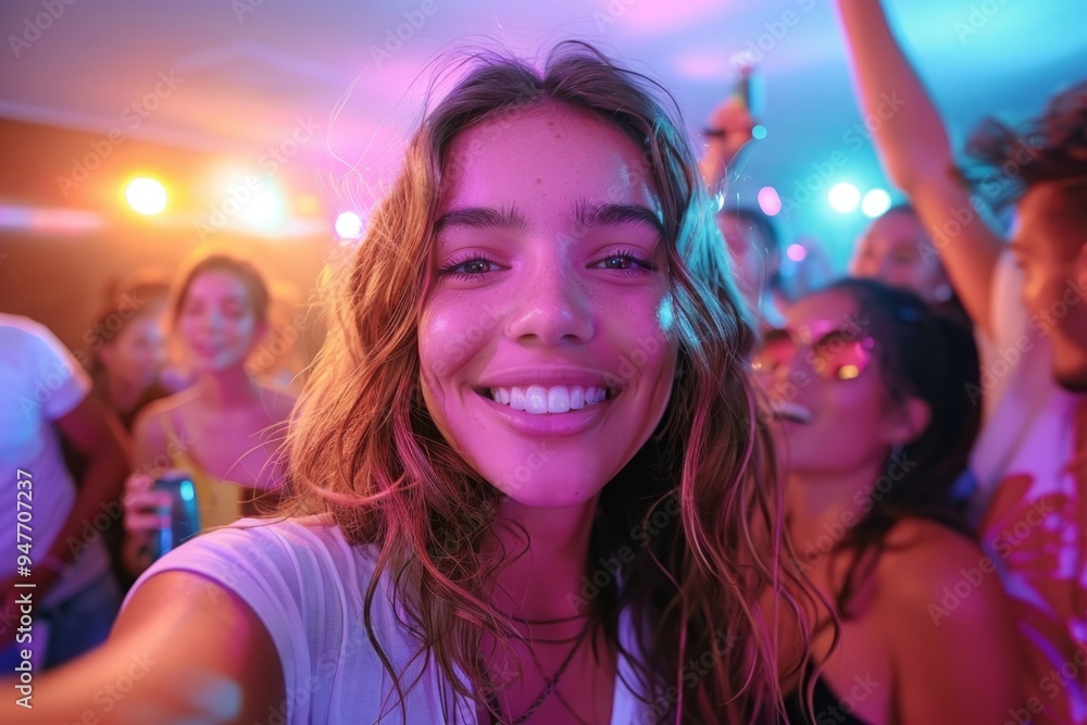 Young woman taking selfie in nightclub with neon lights Young woman taking selfie in nightclub with neon lights
