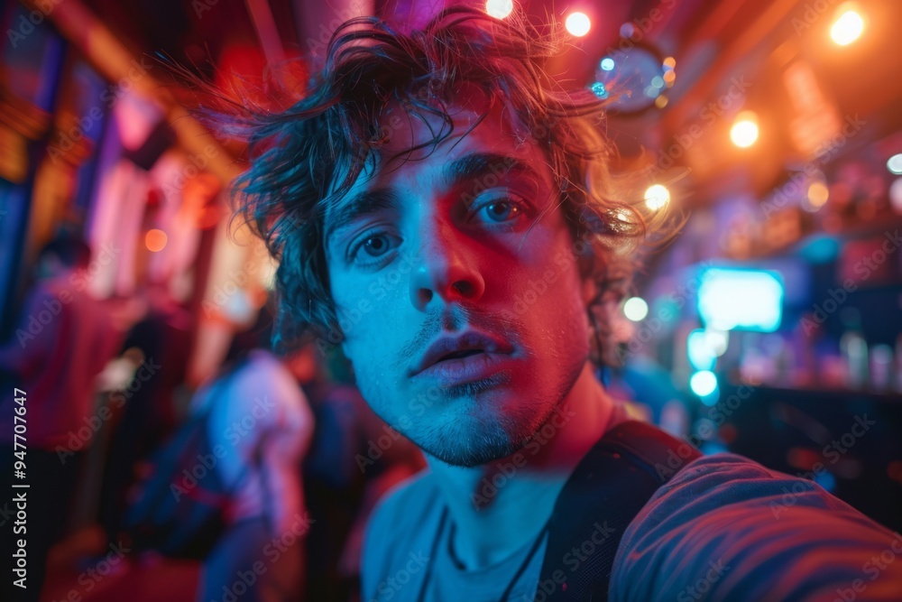 Handsome man taking selfie in crowded bar at night