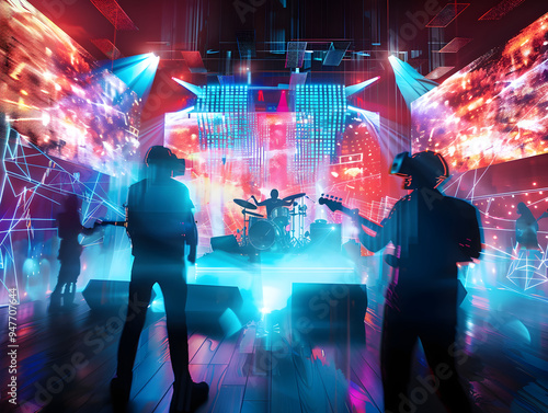 Vibrant holographic display projects an immersive virtual reality music concert experience for futuristic entertainment. photo