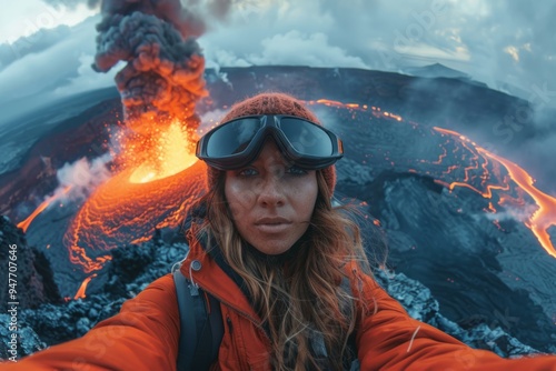 Smiling female volcanologist taking selfie at active volcano site