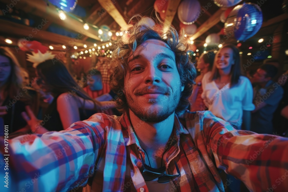 Excited man taking selfie with friends at house party Excited man taking selfie with friends at house party