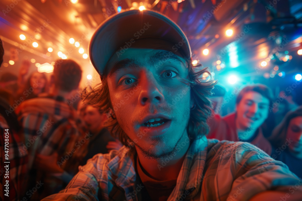 Fototapeta premium Excited man taking selfie with friends at house party