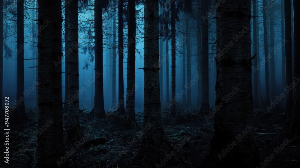 Fototapeta premium Spooky Forest with Tall Trees in Blue Tones