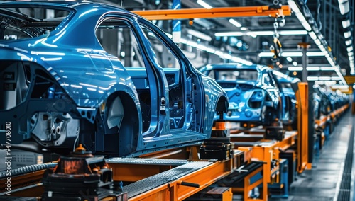 Blue Car Body on Assembly Line in Factory