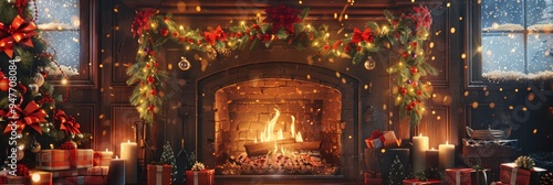 Cozy Christmas background with a roaring fireplace and decorated mantle photo