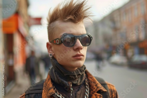 Young boy with a spiky mohawk and sunglasses on a city street