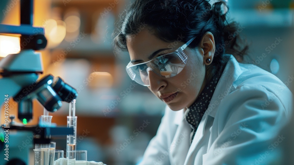 Female Scientist in a Lab Examining Samples Through a Microscope Female Scientist in a Lab Examining Samples Through a Microscope