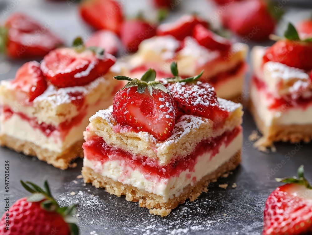 Elegant Strawberry Layered Dessert with Cream and Sugar Dusting Elegant Strawberry Layered Dessert with Cream and Sugar Dusting