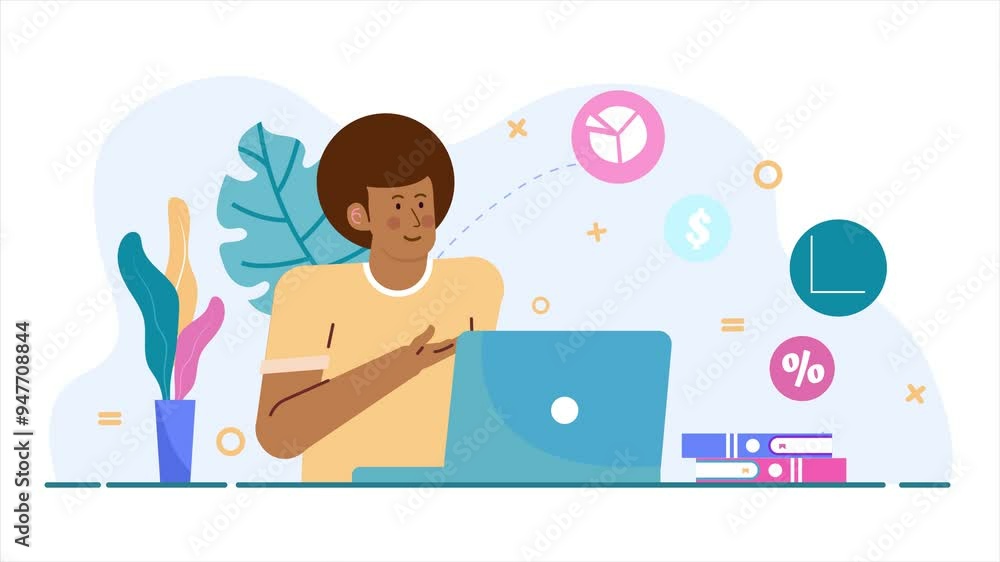 Young professional analyzing data on laptop in creative office environment illustration business animated video Young professional analyzing data on laptop in creative office environment illustration business animated video