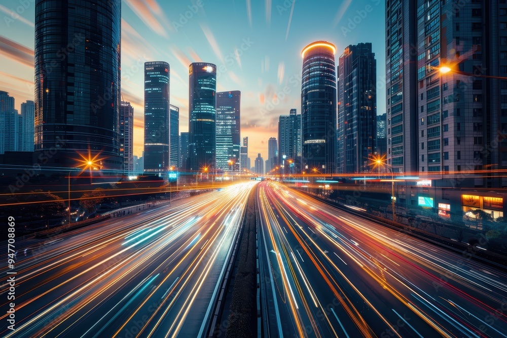 Obraz premium Cityscape with Highway and Light Trails at Dusk