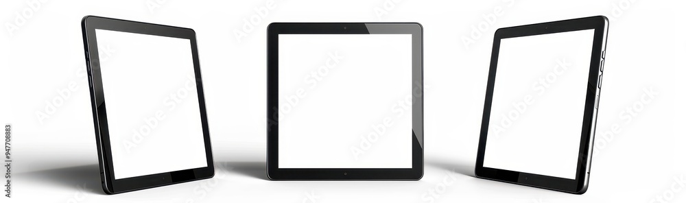 Three Black Tablets with Blank White Screens on a White Background Three Black Tablets with Blank White Screens on a White Background