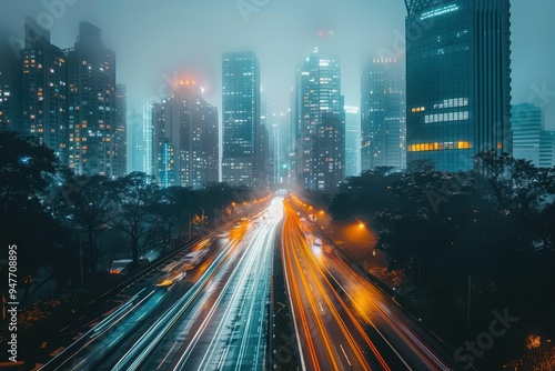 Nighttime Cityscape with Fog and Light Trails on a Highway photo