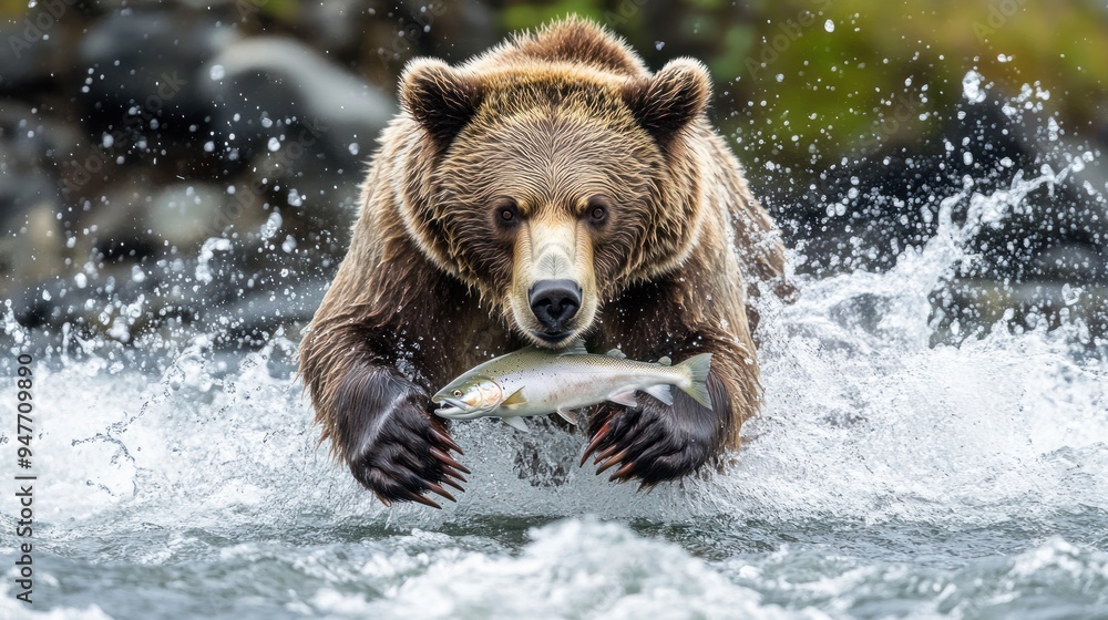Obraz premium Brown Bear Catching Salmon in a River