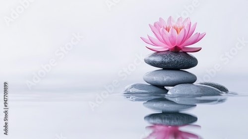 Pink Flower on Stones Reflecting in Water.