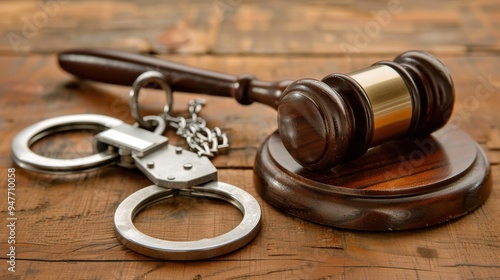 Wooden table featuring a gavel and handcuffs as symbols of justice photo