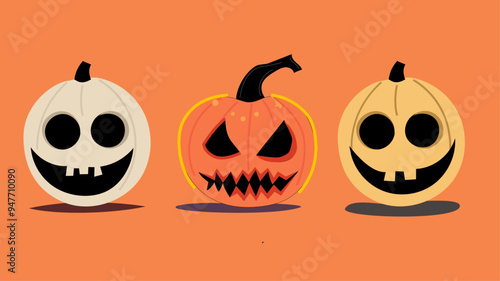 Vector de tres  calabazas de diferentes colores y expresiones con fondo naranja.