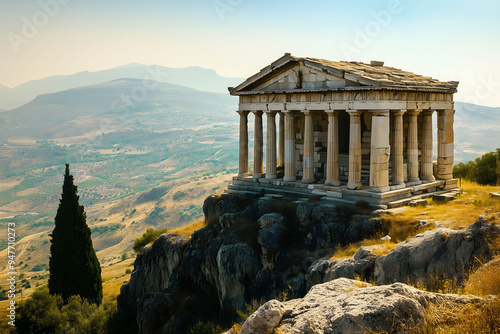 An ancient greek temple located on top of a mountain overlooking the lands