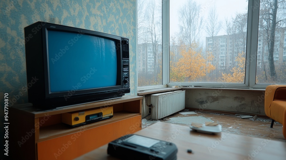 Abandoned, cluttered living room with faded wallpaper and dusty furniture Abandoned, cluttered living room with faded wallpaper and dusty furniture
