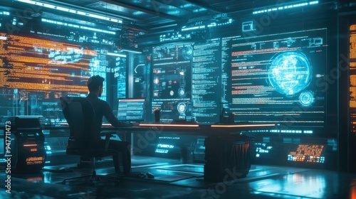 Futuristic 3D visualization of programming environments, featuring floating code snippets and a developer working at a high-tech desk.