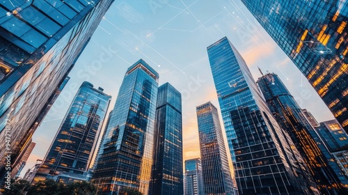 High-rise office buildings with tech-inspired graphic elements, creating a dynamic business background.